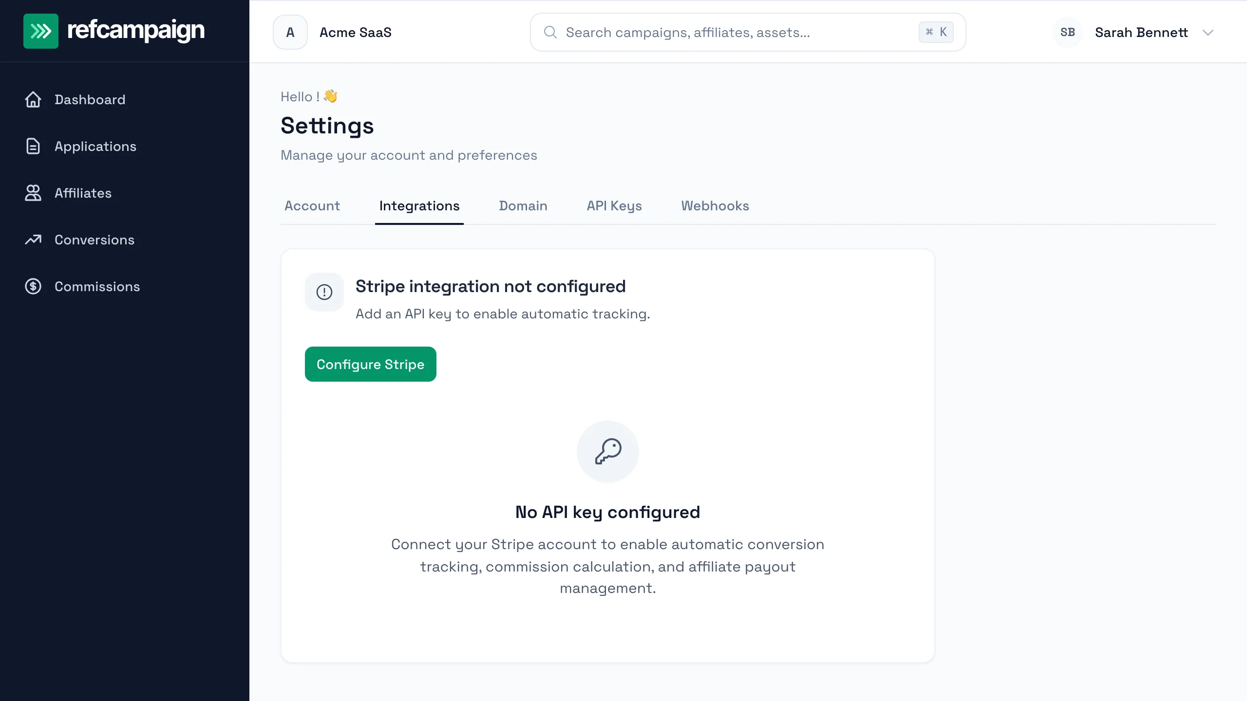 RefCampaign Stripe integration card with the Configure Stripe call-to-action waiting