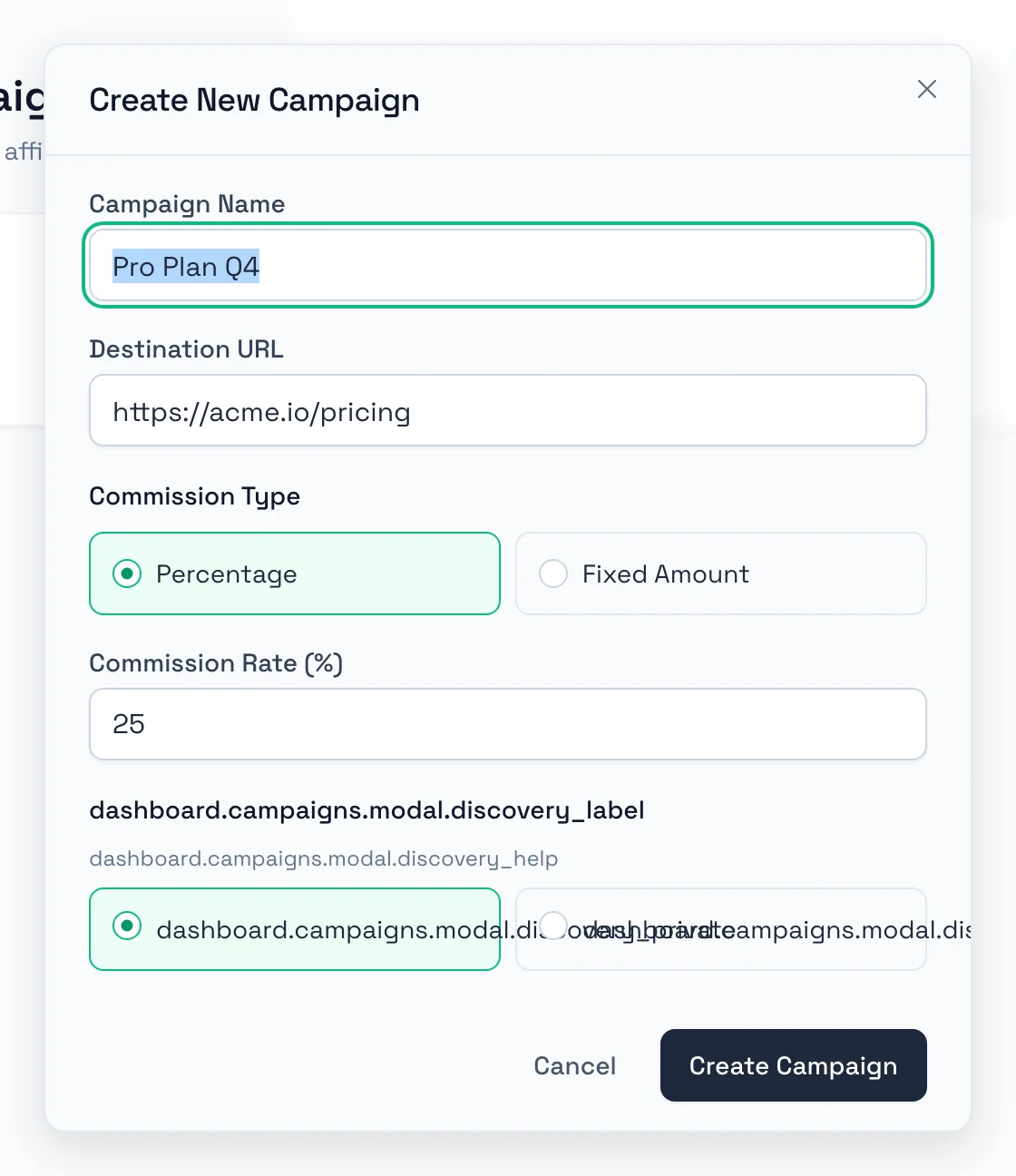 RefCampaign commission rules form: percentage type, 25 % rate, private visibility