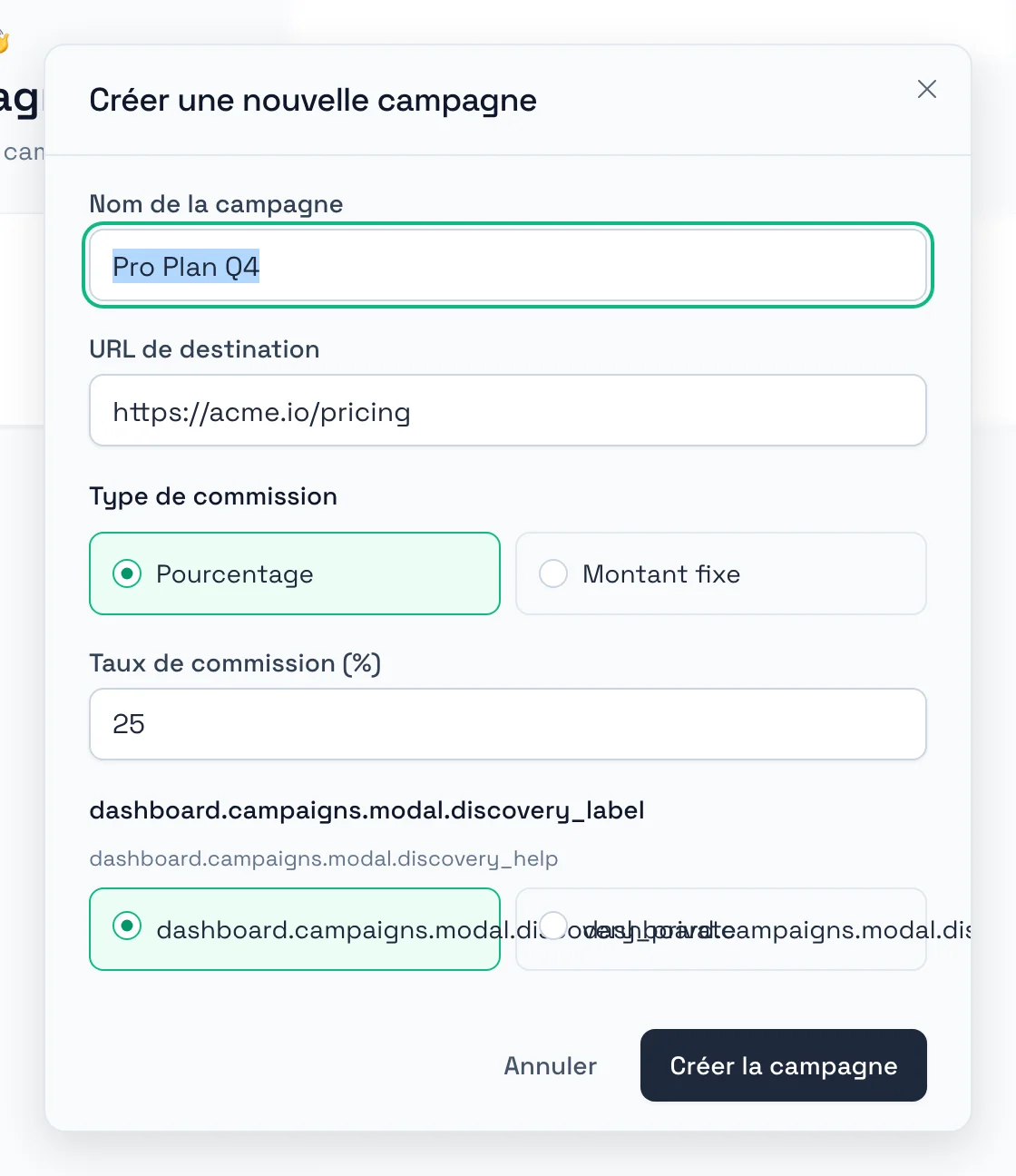 Formulaire de règles de commission RefCampaign : type pourcentage, taux à 25 %, visibilité privée