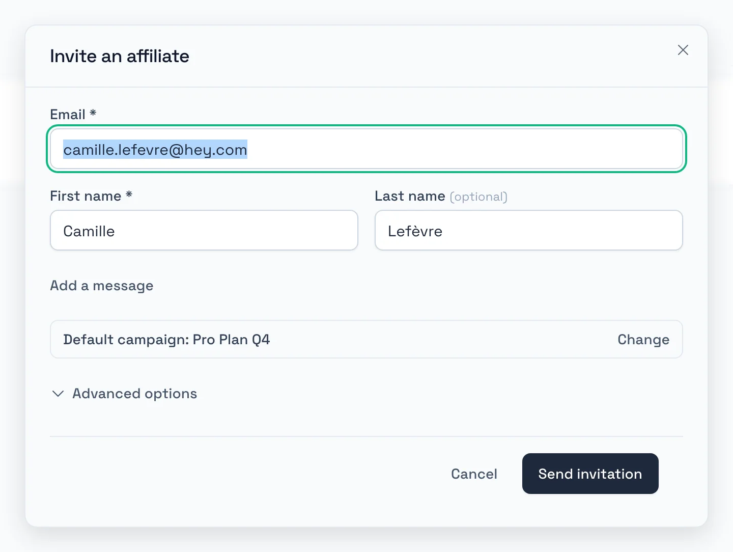 RefCampaign affiliate invitation modal with email, first name, selected campaign and email notification checked