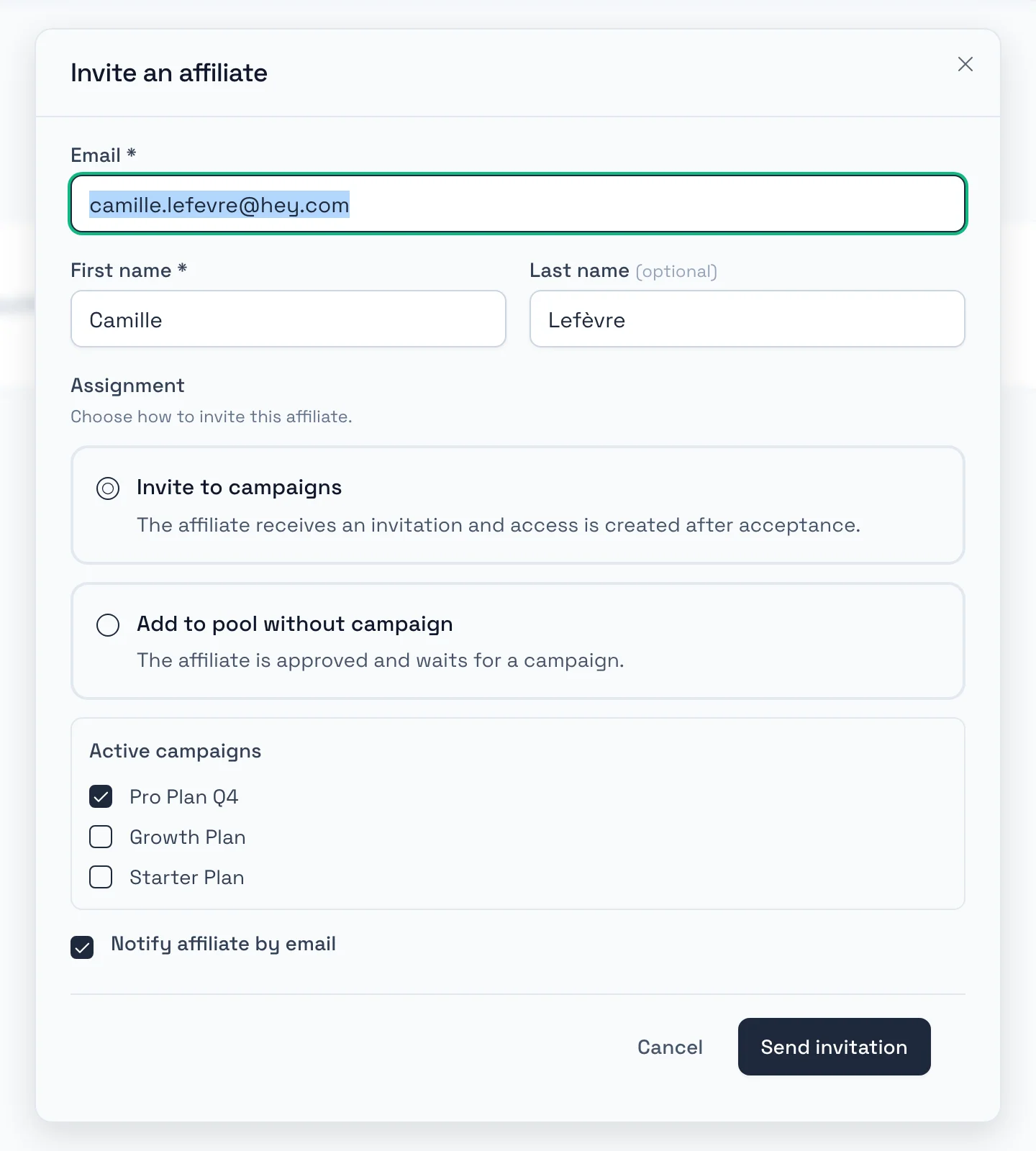 Invite Affiliates