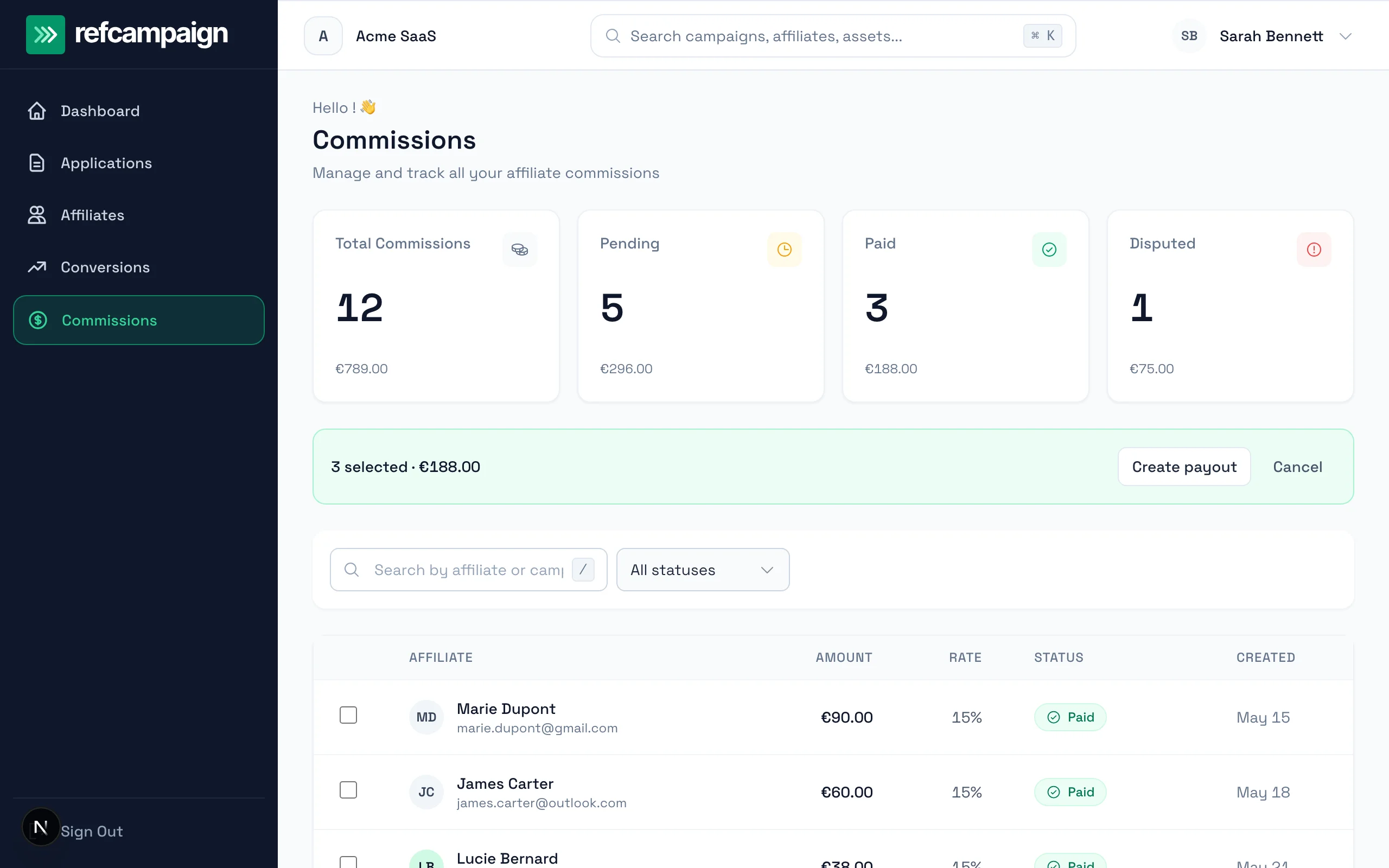 RefCampaign payout screen with commissions to approve via PayPal