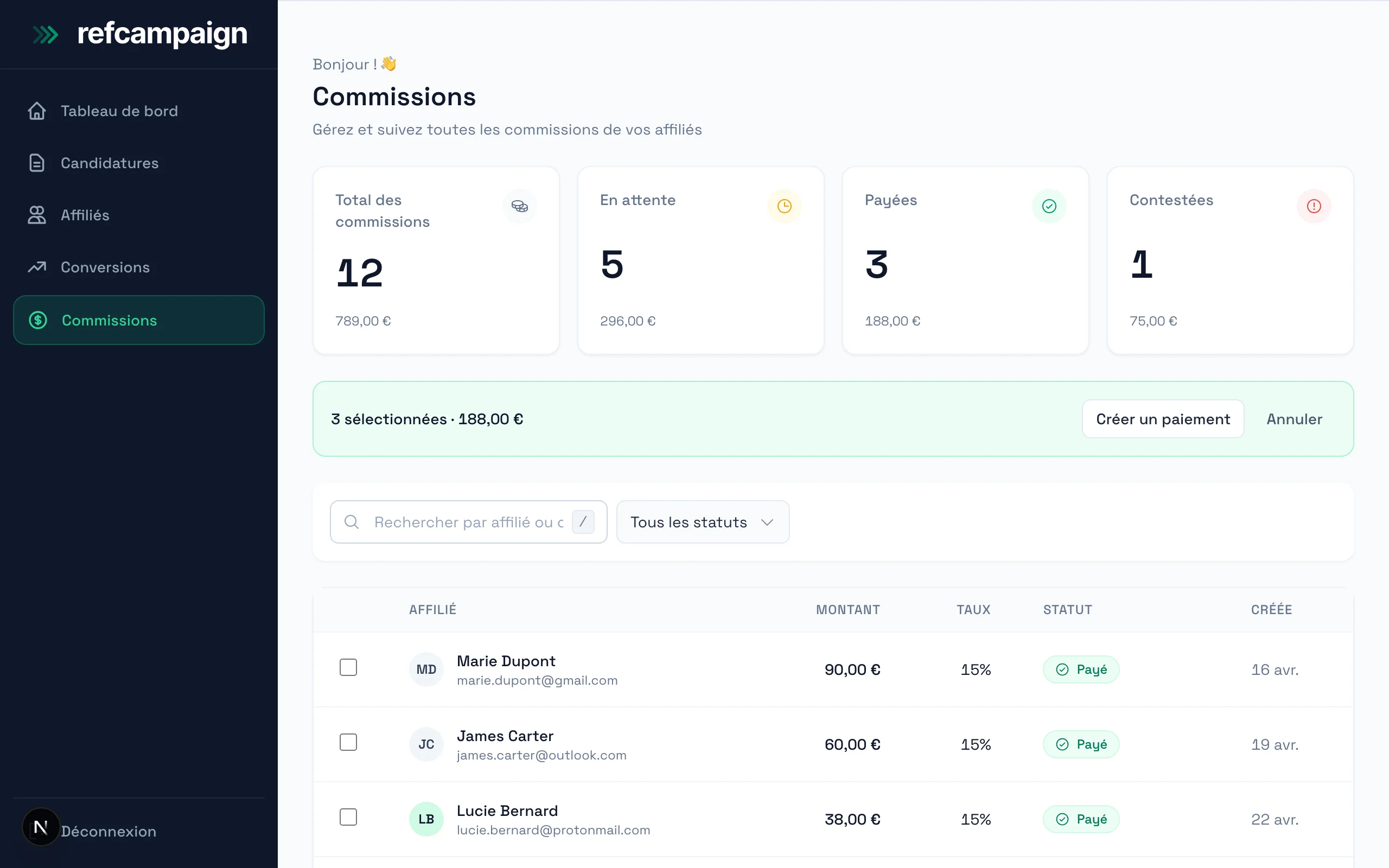 Écran de versement RefCampaign avec commissions à approuver via PayPal