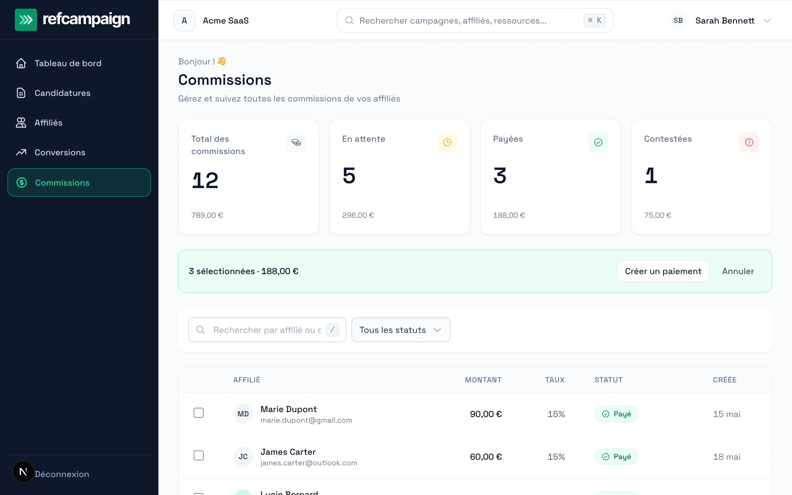 Écran de versement RefCampaign avec commissions à approuver via PayPal
