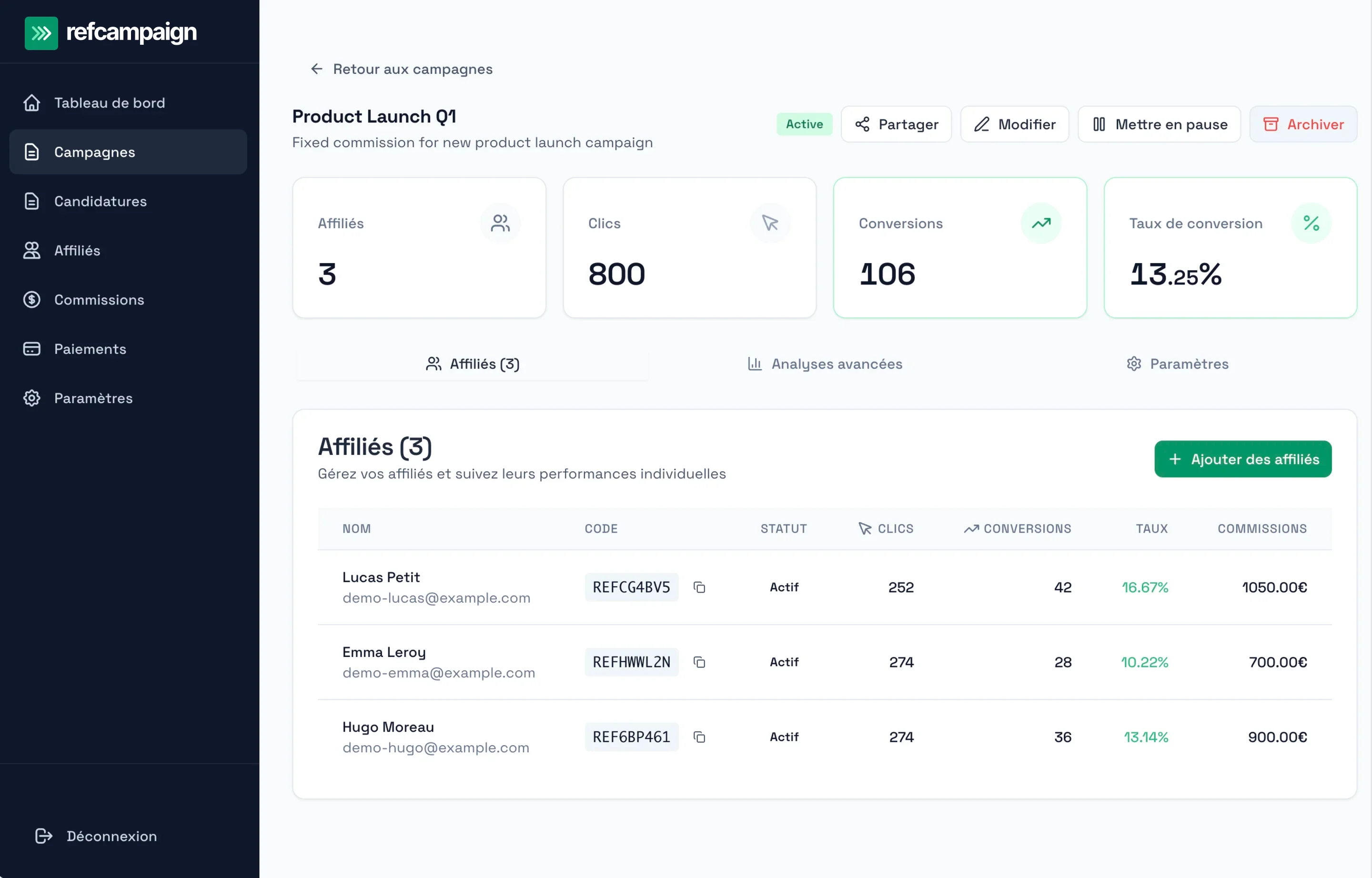 Écran de gestion de campagne RefCampaign montrant tracking et performance affiliée